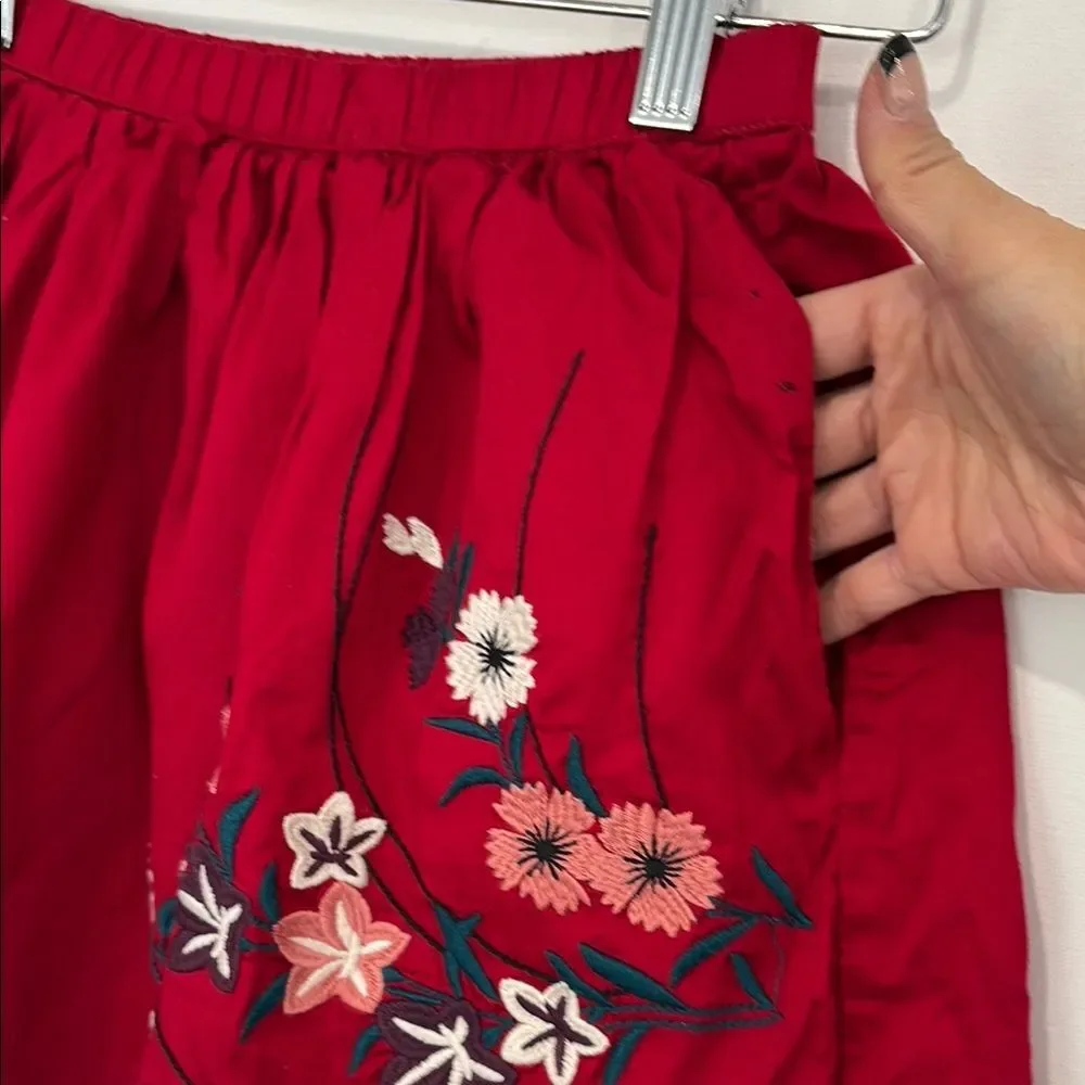 Tea Floral Embroidered Poofy Skirt Girls Size 8 Red A-Line Elastic Waist Mini